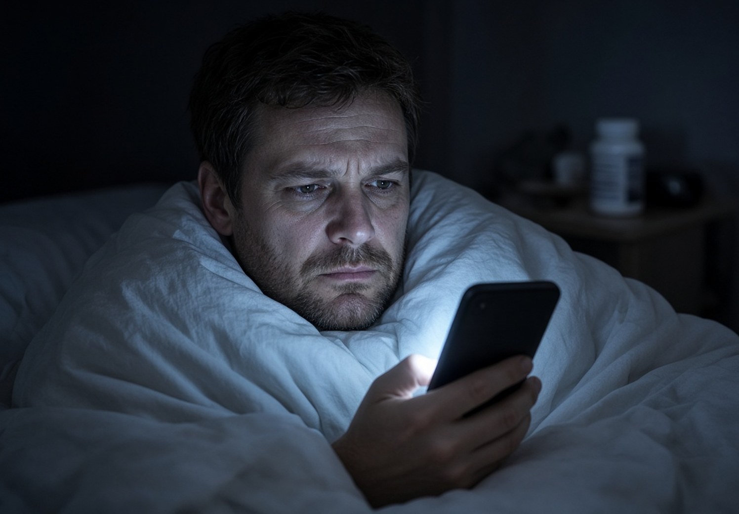 Tired man awake in bed at night, looking at his phone
